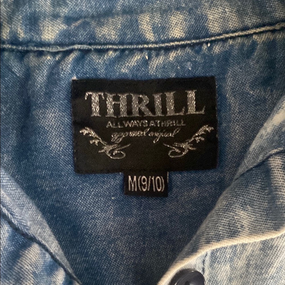 Thrill Blue Button Down Shirt Distressed Denim - image 2